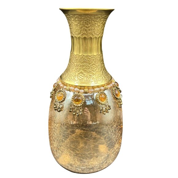 Vintage Handcrafted Brass Floral Etched Neck Ornate Amber Crackle Glass Vase - Picture 8 of 13